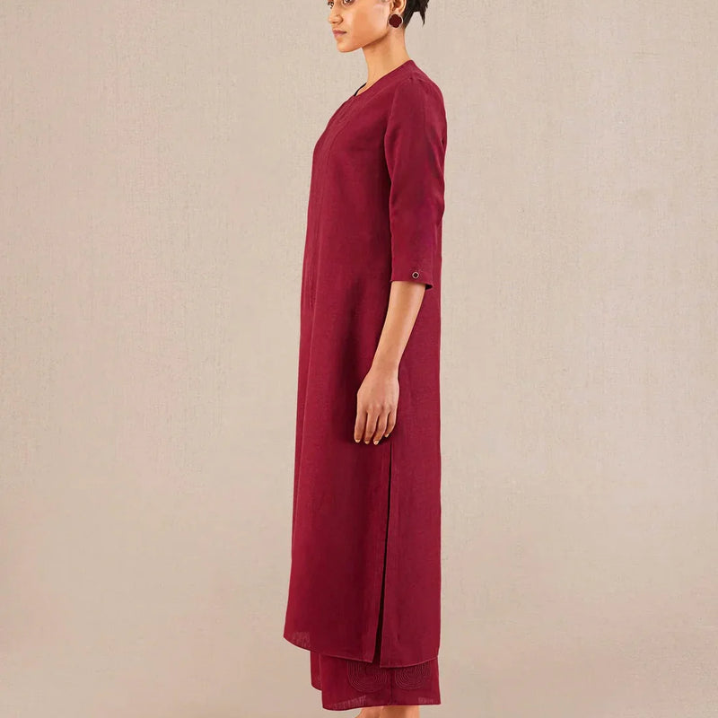 Parineeti Chopra styled Reddish Maroon Linen Kurta Set