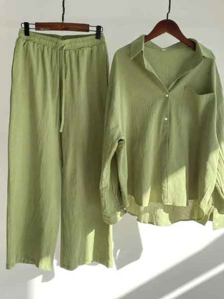 Fashionable Women's Slacks High Waist Cotton Shirt Suit