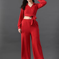 women solid wrap top and trouser co-ord set