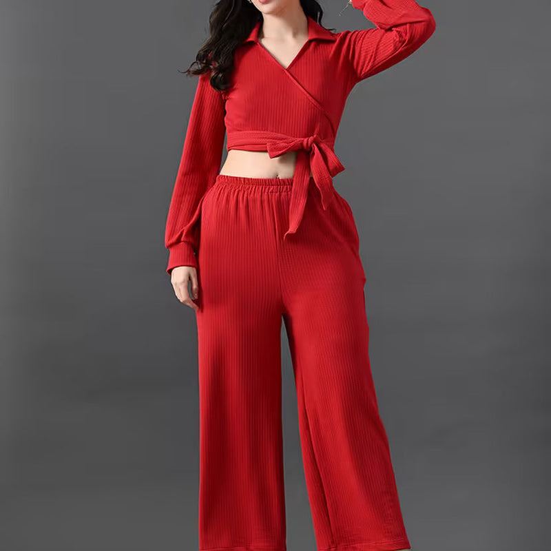 women solid wrap top and trouser co-ord set